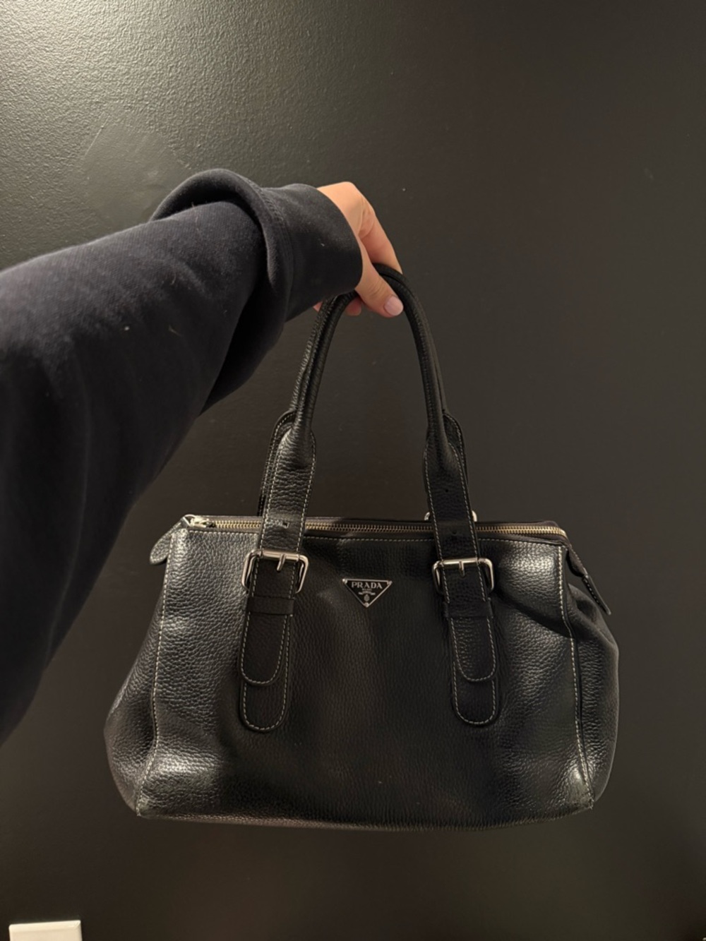 Y2K vintage Prada Black Leather Double-Handle Satchel with Silver Hardware